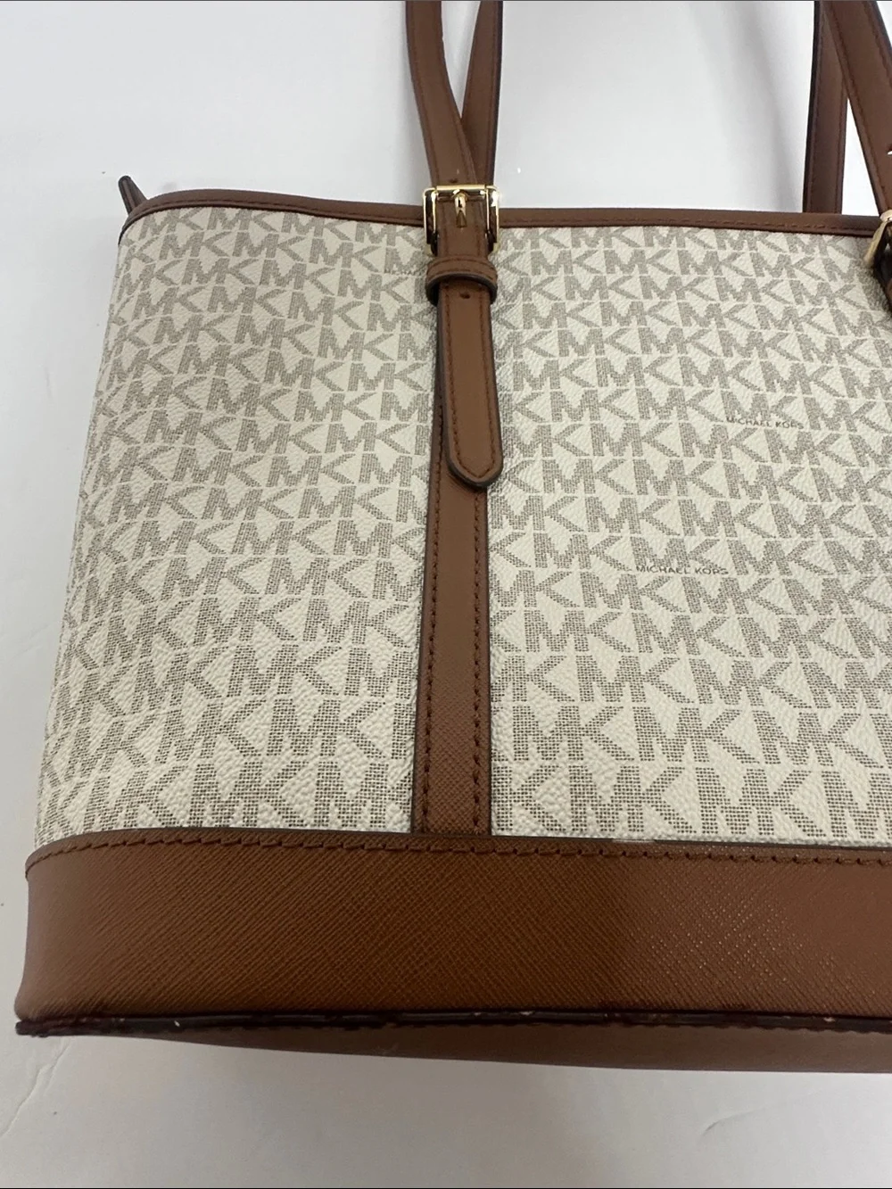Michael Kors Beige Signature Canvas Tote with Brown Trim